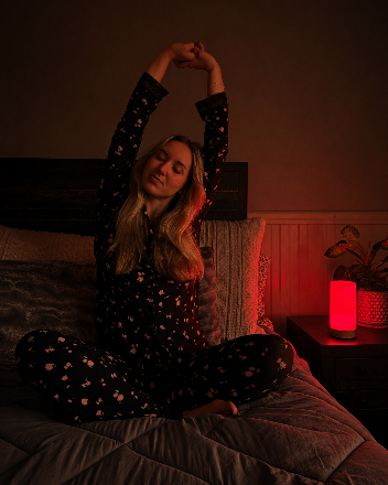 Diane meditating/stretching with MELALIGHT in the background